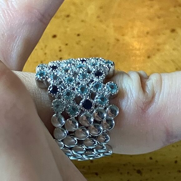 Natural Blue Apatite Iolite Sterling Silver Bubble Ring Size 6 - Picture 3 of 9